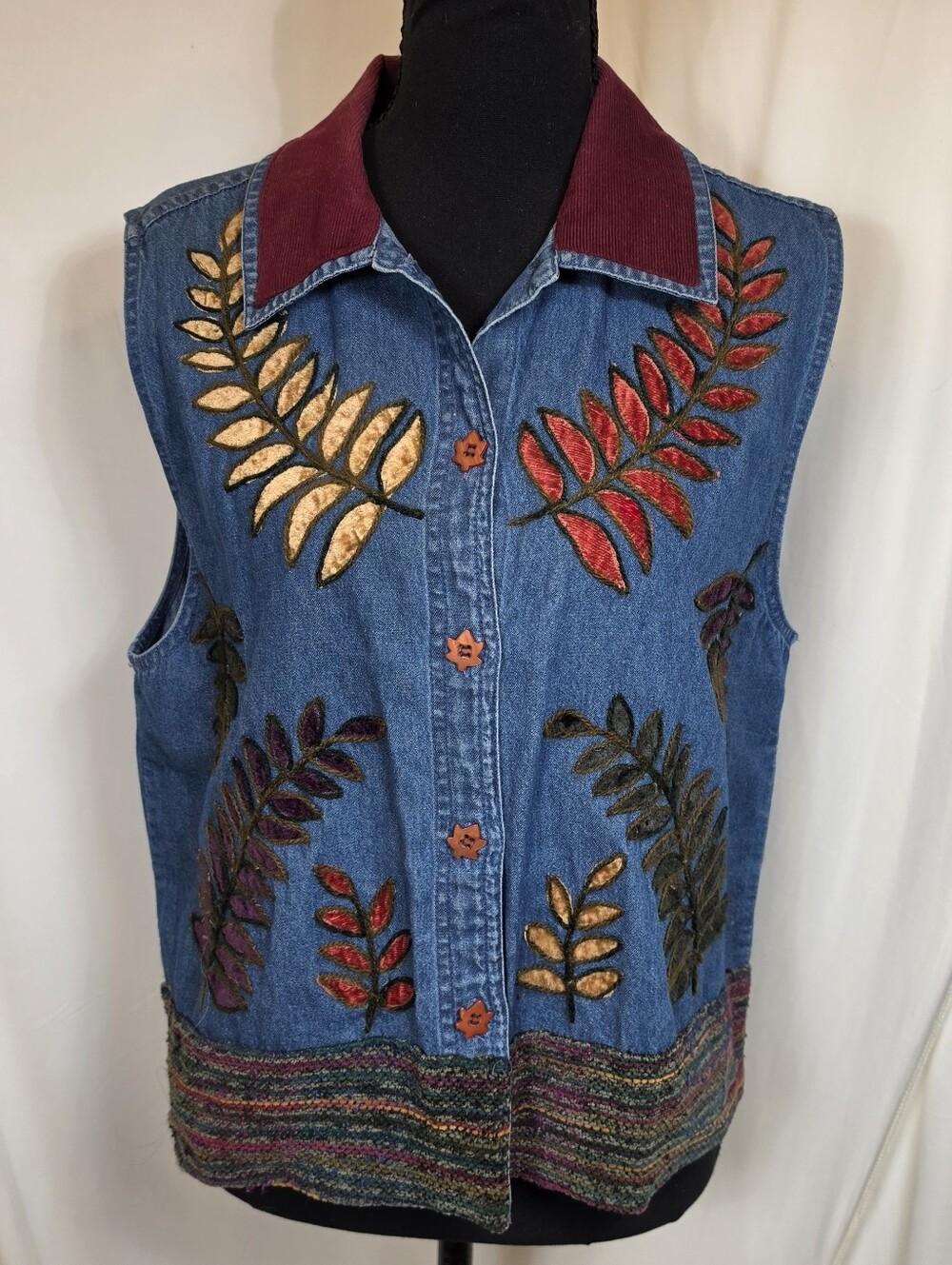 Vintage TanTrums Embroidered Denim Vest Autumn Leaves Corduroy Collar Medium